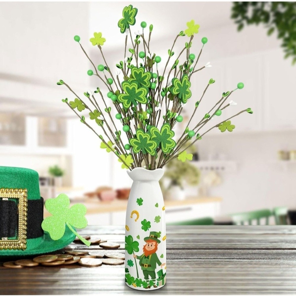 St Patricks Day Decorations Faux Shamrock Floral Picks in  Ceramic Vase Leprech